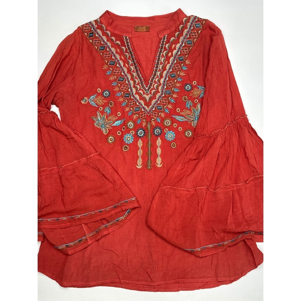 Embroidered Boho Tunic Top Bell Sleeve Orange‎ Viscose Bohemian Festival Scully